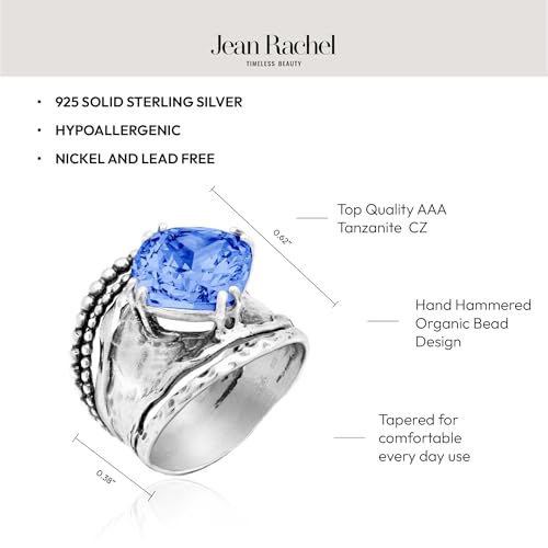 JEAN RACHEL JEWELRY 925 Sterling Silver Prong Solitaire Ring | Raised crown engagement style ring mounting a precision faceted brilliant Cubic Zirconia solitaire over stacked silver rows. - color: Tanzanite CZ