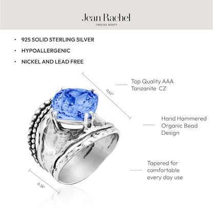 JEAN RACHEL JEWELRY 925 Sterling Silver Prong Solitaire Ring | Raised crown engagement style ring mounting a precision faceted brilliant Cubic Zirconia solitaire over stacked silver rows. - color: Tanzanite CZ