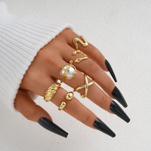 FAXHION 12PCS Gold Stackable Rings Set for Women, 18K Gold Plated Open Stacking Knuckle Ring, Adjustable Chunky Signet Band Statement Ring for Gift - color: 2-ringsGold