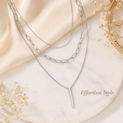 Gold Neklace Stack Dainty Gold Herringbone Necklace for Women Layered Paperclip Chain Necklaces Rhinestone Drop Simple Jewelry Gifts for Women - color: B4：3pcs-silver