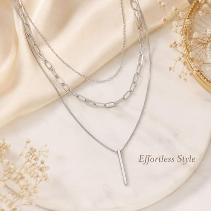 Gold Neklace Stack Dainty Gold Herringbone Necklace for Women Layered Paperclip Chain Necklaces Rhinestone Drop Simple Jewelry Gifts for Women - color: B4：3pcs-silver