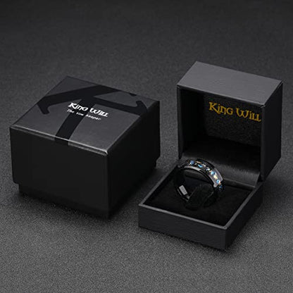 King Will Mens Wedding Band with Foils Inlay, Black/Silver/Gold | Black, 6mm/8mm, Beveled Edge, Comfort Fit, Glowstone Ring, Everyday Wear - color: Black&Blue+Gold-8mm