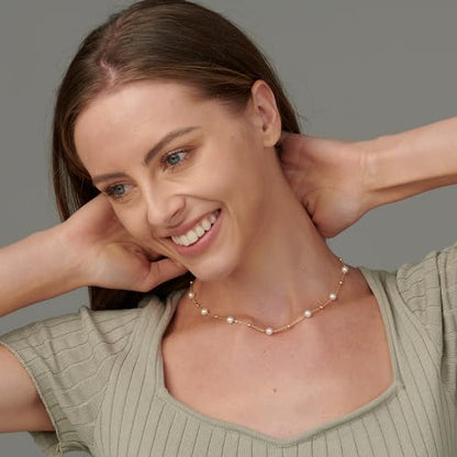 Pearl Necklace for Women- 14K Gold-plated/White Gold-plated Dainty Pearl Necklace for Women - color: Bead pearl station
