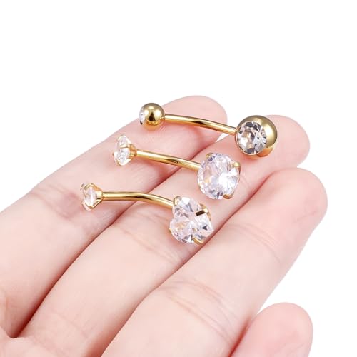 Belly Button Rings Surgical Steel Internally Threaded Belly Button Ring 10MM/12MM/14MM/16MM Navel Rings for Women Clear CZ 14G Long Bar Navel Piercing Jewelry - color: goldtone, size: 12mm bar length