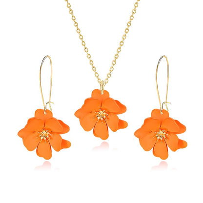 WCRAZYE Bohemian Daisy Flower Earrings Necklace Sets for Women Unique Trendy Boho Matte 3D Gold Flower Floral Petal Statement Earring Wedding Jewelry - color: Orange