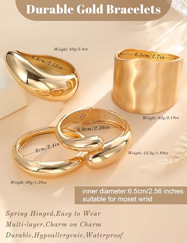 sailimue Chunky Gold Bracelets for Women Non Tarnish Bangles 4 Pcs | 16K Gold Plated Cuff Bracelets Stack Hinged Open Bangle Trendy Jewelry Gifts - style: Style A