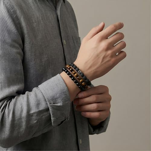Natural Stone Beaded Bracelet for Men Women Boho Adjustable - color: Dark 3-Piece Set