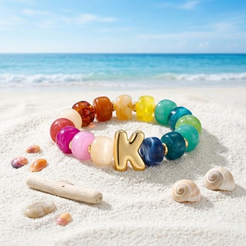 Bubble Initial Chunky Beaded Bracelet for Women Colorful Resin Bead Trendy Statement Big Stretch Bracelets Summer Beach Boho Charm Jewelry Cute Gifts for Women - color: Initial K