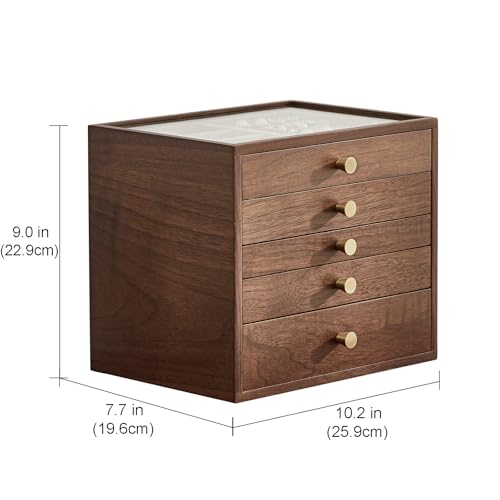 Black Walnut Wooden Women Jewelry Box with Glass Lid, 5 Layer | Large Wood Jewelry Drawer Organizer,Velvet-Lined, For Necklaces, Watch, Ring, Earring, Gift for Her - style: 5 Layer