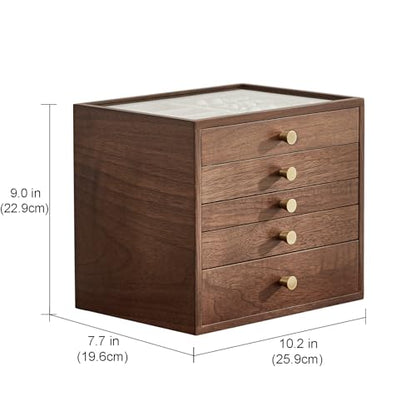 Black Walnut Wooden Women Jewelry Box with Glass Lid, 5 Layer | Large Wood Jewelry Drawer Organizer,Velvet-Lined, For Necklaces, Watch, Ring, Earring, Gift for Her - style: 5 Layer