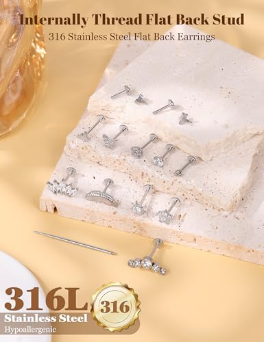 12Pcs 16G/18G Flat Back Cartilage Stud Earrings 18K Gold Plated Helix Stud Earrings for Women 316L Surgical Steel Internally Thread Hypoallergenic Labret Tragus Conch Lip Piercing Jewelry - color: Silver, size: 16G(1.2mm)