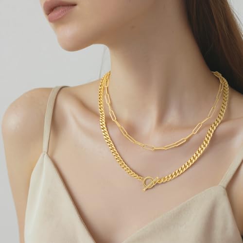 Layered Necklaces for Women 14k Gold Plated Chain Necklace Trendy Dainty Toggle Clasp Chunky Cuban Link Paperclip Chain Jewelry Gift - style: Style 1：Paperclip+Cuban Toggle