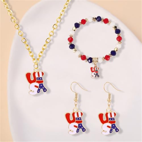 4th of July Earring Bracelet And Necklaces Jewelry Set for Women Men Personalized Red White and Blue Patriotic American Flag Dangle Drop Earrings Independence Day Holiday Accessories Gifts - style: usa