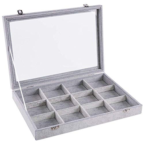 Jewelry Tray 12 Grid Velvet Jewelry Organizer with Clear Lid Transparent Earring Bracelet Organizer Holder Case with Clasp Drawer Insert for Rings Studs Gift for Women Girls - color: 12 Grid