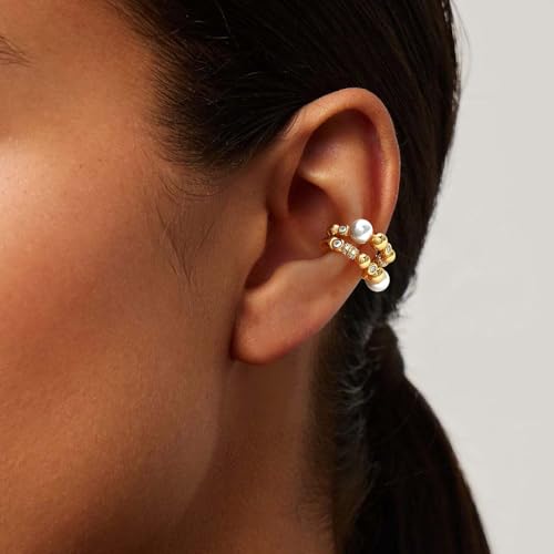 MEVECCO Ear Cuffs Non Piercing 18K Gold Plated Ear Cuff Earring Sets Clip on Cartilage Cubic Zirconia Pearl Minimalist Hypoallergenic Fake Hoop Earrings Stack Women Gifts - style: 2pcs-Pearl