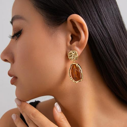 Irregular Crystal Dangle Earrings for Women Gold Textured Gemstone Earrings Geometric Acrylic Stud Earring Jewelry Gift - color: Brown