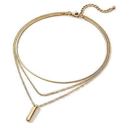 Bohemian Layered Necklace for Women – 3-Layer Dainty Stacked Pendant Necklace with Snake Chain, Ribbed Chain & O-Chain, Trendy Multi-Strand Gold Jewelry for Everyday Casual, Party & Vacation
