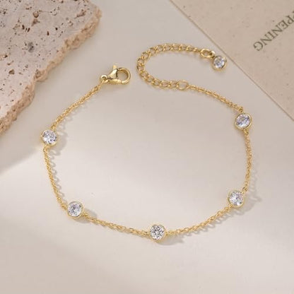 Bracelets for Women, Dainty Gold Silver Ring Bracelet Hand Chain | Cubic Zirconia Pearl Charms, 14K Gold Plated, Adjustable Fit, Trendy Stackable Link Chain, Waterproof Jewelry, Gift for Her - color: Gold-cz station bracelet
