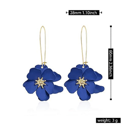 Bohemian Daisy Flower Matte Floral Long Petal Drop Dangle Earrings Layered Tiered for Women Chic Boho Wedding Jewelry - color: Dark Blue
