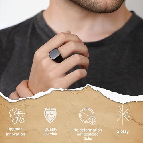 Men's Stainless Steel Square Biker Signet Ring, Black Silver Gold Styles | plain flat top, polished and brushed finish options, chunky profile, pinky or thumb styling, gift-ready for dad or him - color: Black