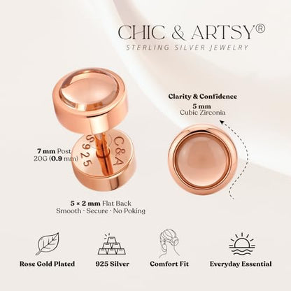 CHIC & ARTSY 18K Gold Plated Solid 925 Sterling Silver Flat Back Earrings for Women Multiple Piercings Screw Back Earrings Cartilage Hypoallergenic Jewelry - style: 925 Silver Flat Back #19