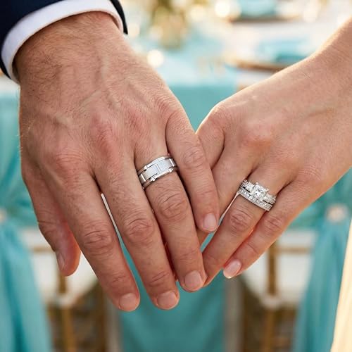 His Hers Wedding Ring Sets Couples Matching Rings Women's 10k White Gold Filled Square CZ Wedding Engagement Ring Bridal Sets & Men's Tungsten Carbide Wedding Band - style: women's size 7 & men's size 7