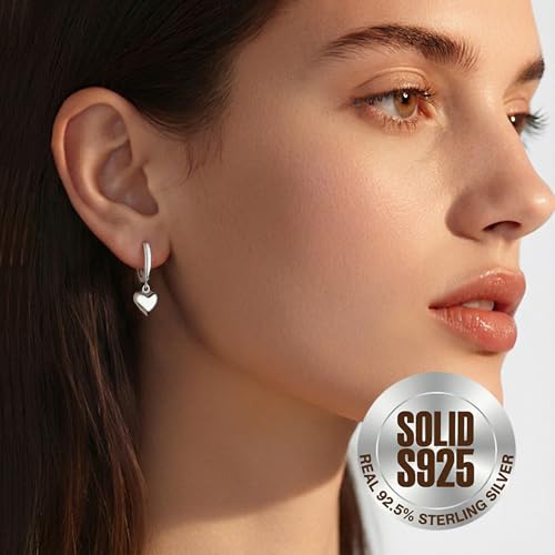 SLUYNZ Solid 925 Sterling Silver 8MM Fat Heart Hoop Earrings for Women Teens Sweet Love Hoop Earrings Huggie - color: A-Sterling Silver