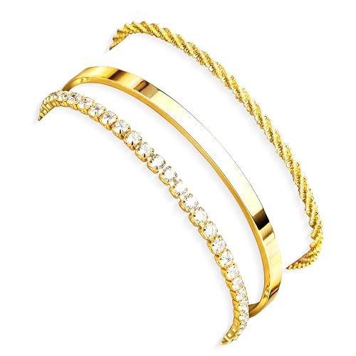 925 Sterling Silver Bracelets for Women Stack, Trendy Tennis Bangle Cuff Jewelry Set 14K Gold Plated, Adjustable Bracelet Set for Wrist Essentials, Women Fashion Watch Band Acecessories - style: Bracelet_3pcs(Dainty Tennis Set)