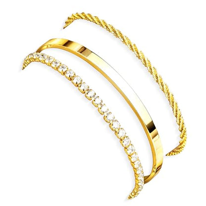 925 Sterling Silver Bracelets for Women Stack, Trendy Tennis Bangle Cuff Jewelry Set 14K Gold Plated, Adjustable Bracelet Set for Wrist Essentials, Women Fashion Watch Band Acecessories - style: Bracelet_3pcs(Dainty Tennis Set)