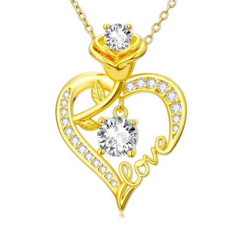 KQ&TTENG Heart Necklaces for Women 14K Gold Plating Hearts Necklace CZ Romantic Rose Pendant Mothers Day Anniversary Birthday Gift for Wife Mom Her - style: 15-Rose LOVE Necklace