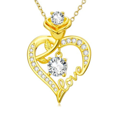 KQ&TTENG Heart Necklaces for Women 14K Gold Plating Hearts Necklace CZ Romantic Rose Pendant Mothers Day Anniversary Birthday Gift for Wife Mom Her - style: 15-Rose LOVE Necklace