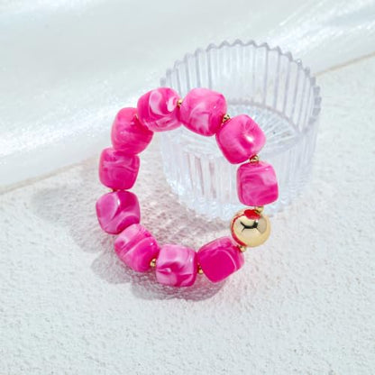 WOWORAMA Chunky Beaded Bracelets for Women Colorful Large Square Beads Bracelet Boho Acrylic Resin Stretch Bracelets Statement Chunky Bracelet Summer Jewelry - color: Square-Rose Red