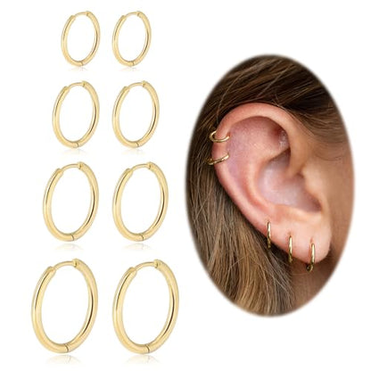 Small Hoop Earrings for Women Men Girls 14k Real Gold Plated Thin Gold Huggie Hoops Set for Cartilage Helix Hypoallergenic Surgical Stainless Steel 6/8/10/12mm - color: Gold, style: Thinner-1.6mm