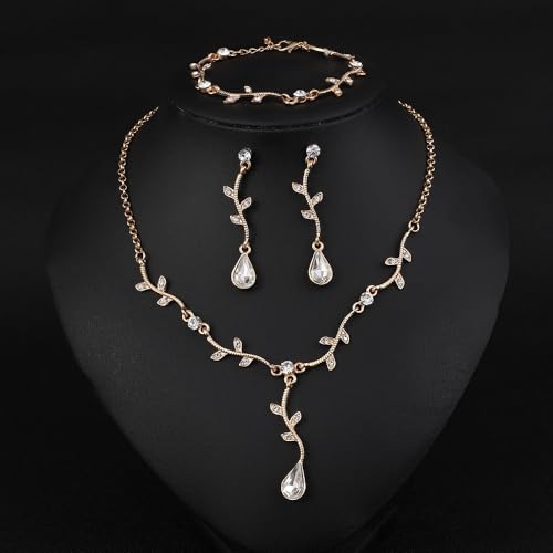 Hapibuy Crystal Bridal Wedding Jewelry Necklace Earrings Bracelet Set Rhinestone Choker Necklace For Brides Bridesmaid Women Party Acessory - color: Gold