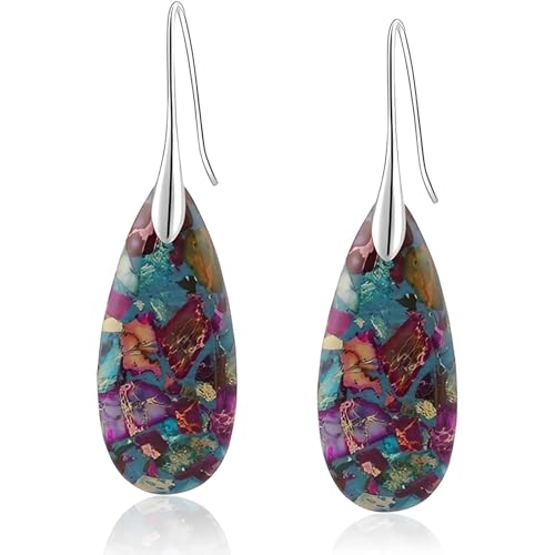 Emperor Stone Drop Earrings for Women, 2 Inch Dangle Statement Earrings in Gold & Silver, Teardrop Natural Healing Crystal Fishhook Earrings for Party, Wedding, Daily Wear - color: Rainbow Blue - Silver Hook