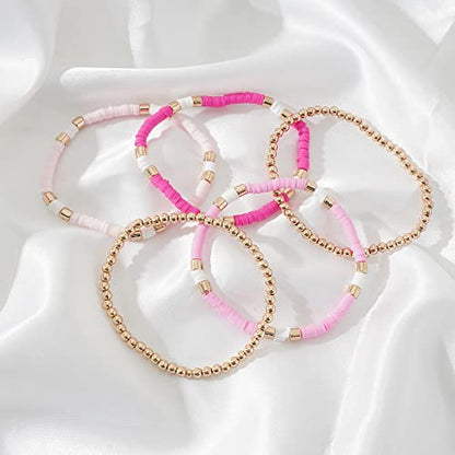 GOOJIDS Surfer Heishi Clay Bead Bracelets for Women Bohemian Stackable Gold Plated Beaded Stretch Bracelets Elastic Layering Friendship Bracelets Set Boho Jewelry - color: C-New Rose Color Sets