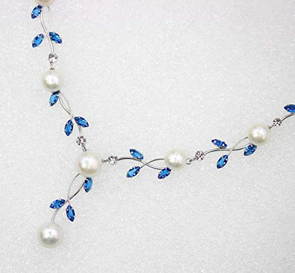 Faship Genuine Freshwater Pearls Floral Necklace Earrings Set | Premium CZ Crystal, Gorgeous, Sparkling - color: Blue