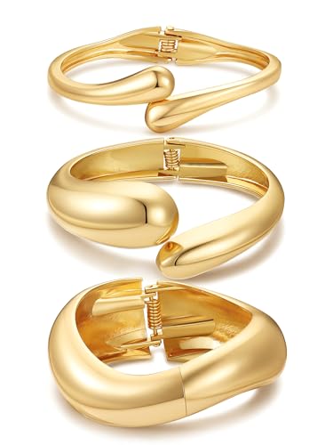 M MOOHAM Chunky Gold Bangle Bracelets for Women, Dainty 14k Gold-Plated Thicker Statement Bangles Twist Cuff Bracelet Set Stack for Women Non Tarnish Trendy Jewelry Gifts - color: 04. Wave & Drops Bangles-3PCS