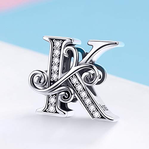 BISAER 925 Sterling Silver Initial Letter A-Z Charms for Bracelets Alphabet Beads Charm Jewelry Gifts - color: Letter K