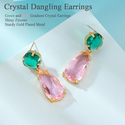 Crystal Earrings CXUEMH Teardrop Earrings for Women Blue and Green Dangle Earrings Elegant Earrings for Prom Emerald Green Earrings Formal Jewelry Crystal Drop Earrings - color: green and pink