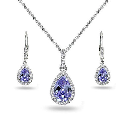 Jewelry Sets for Women, Necklace and Earring Sets for Women, Birthstone Jewelry, Genuine or Synthetic Gemstones, Teardrop Necklace and Dangle Earrings, Pendant Necklace, Sterling Silver Jewelry - color: Simulated Tanzanite