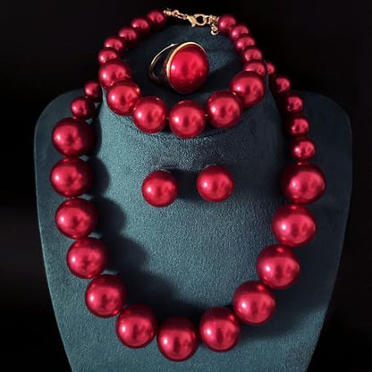 White Faux Pearl Necklace and Earrings Set Big Large Pearl Bead Ball Beaded Choker Necklace Black Pink Pearls Statement Bracelet Ring for Women - color: wine red