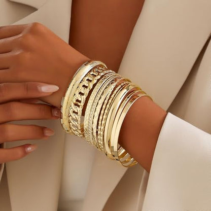Gold Bangles for Women, 12 Pcs Boho Stackable Bracelets Multi Layer Textured Chunky Bracelets Jewelry Set for Women - color: Style E- 10 pcs gold