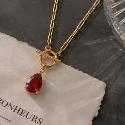 Teardrop CZ Pendant Paperclip Chain Necklace 18K Plated Paperclip Toggle Necklace Jewelry Birthstone Gift for Women - color: Garnet-January