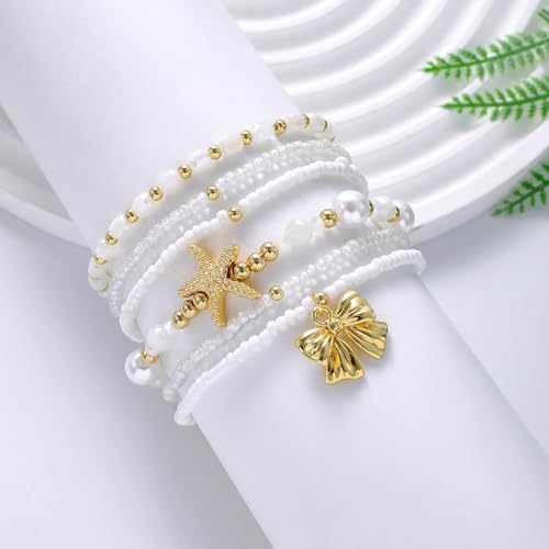 LALAPPLE Shell Bracelet Boho Beaded Stretch Bracelets for Women Seashell Strand Bracelets Starfish Charm Jewelry Summer Beach Jewelry Stackable Crystal Gold Plated Beads Bracelet for Women - style: T-Style9 meteor