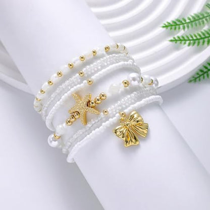 LALAPPLE Shell Bracelet Boho Beaded Stretch Bracelets for Women Seashell Strand Bracelets Starfish Charm Jewelry Summer Beach Jewelry Stackable Crystal Gold Plated Beads Bracelet for Women - style: T-Style9 meteor