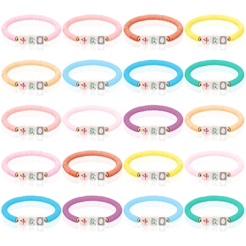 Liliaafar 20 Pcs Inspirational Friendship Bracelets Bulk Adjustable Motivational Beaded Bracelets for Back to School Teacher Gifts Classroom Party Favors - style: Mahjong Polymer Clay