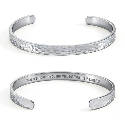 Inspirational Bible Verse Cuff Bracelet for Women, 18K Gold Plated Hammered Bangle, Christian Faith Jewelry Gift, Adjustable Non Tarnish - color: You are Loved! You are Valued! You are Beautiful!-Hammered Silver