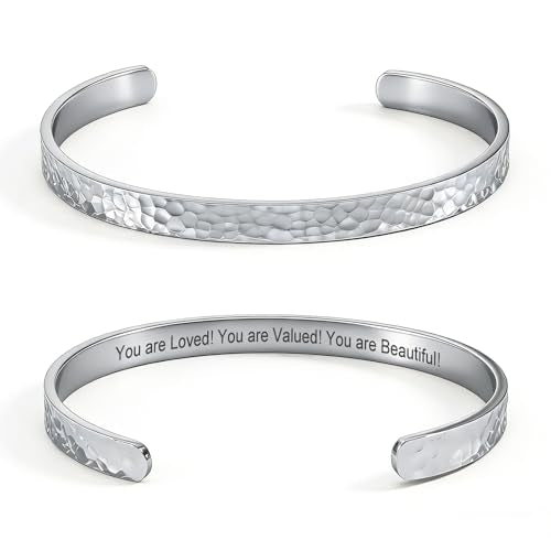 Inspirational Bible Verse Cuff Bracelet for Women, 18K Gold Plated Hammered Bangle, Christian Faith Jewelry Gift, Adjustable Non Tarnish - color: You are Loved! You are Valued! You are Beautiful!-Hammered Silver