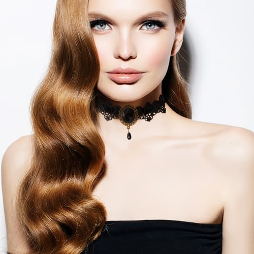 Lace Choker Witch Necklace for Women Halloween Gothic Lace Collar Punk Rhinestone Gothic Necklace Prom Jewelry Halloween Vampire Choker Necklace Costume Emo Witch Accessories - color: Black